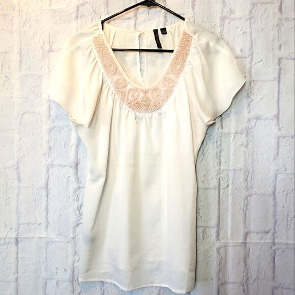 SIONI Semi-sheer Beaded Neckline Blouse - Picture 1 of 8